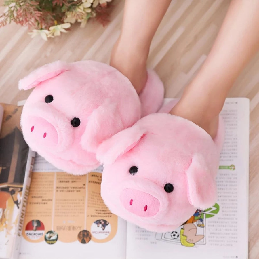 Pink Short Furry Pig Plush Home Slippers.