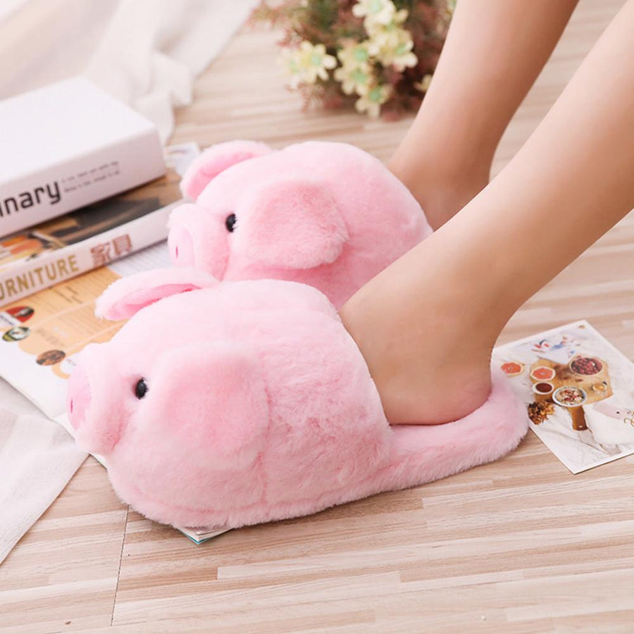 Pink Short Furry Pig Plush Home Slippers.
